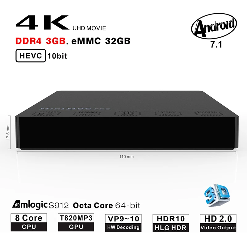 

Beelink MINI M8S PRO-C TV Box 3GB+32GB Memory Storage Android 7.1 TV Box Amlogic S912 Octa Core Support 2.4G+5.8G Wifi Remote