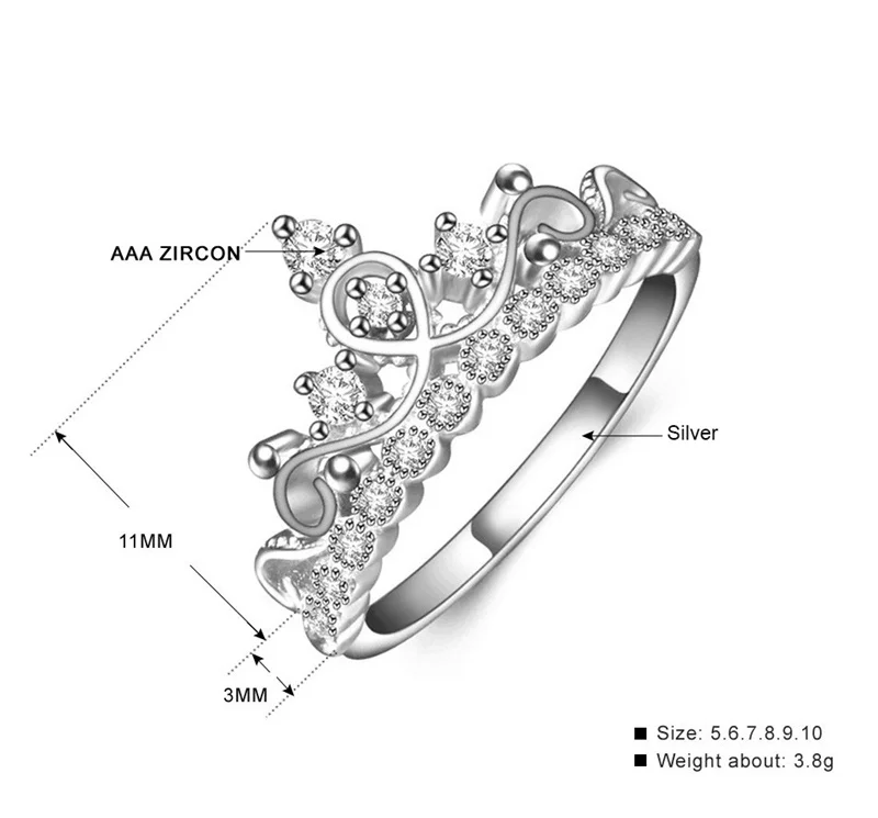 YHAMNI 925 пробы Серебряная корона кольцо В стиле принцессы кубический цирконий, ювелирные Обручение обручальное кольцо для Для женщин ZR178