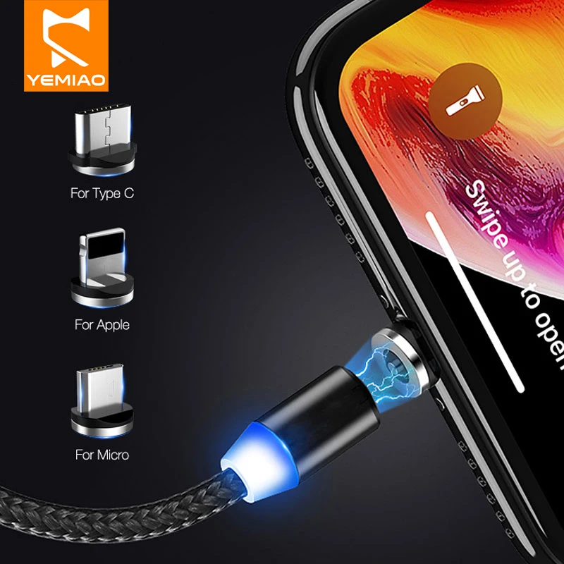 Магнитный кабель Yemiao для iPhone Micro USB Android 1 м зарядный Type-C провод светодиодный