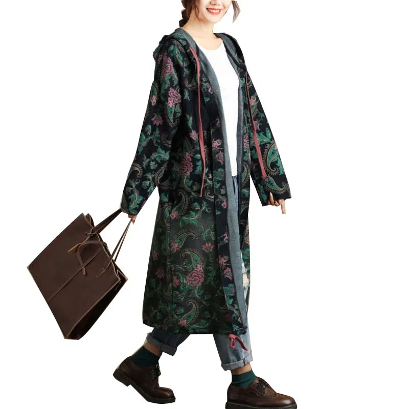 

Plus Size Loose Womens Trench Coat Autumn Winter Vintage Cashew Printing Hooded Coat