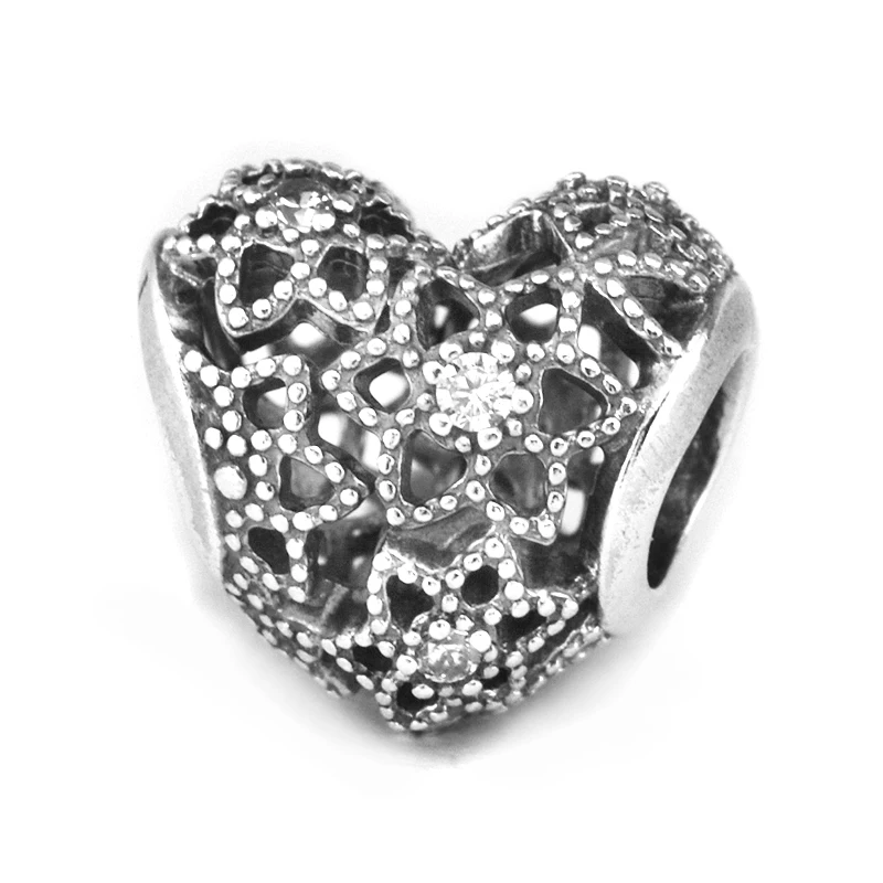 

925 Sterling Silver Jewelry Snow Sparks Heart Openwork Charm Bead Mid-Autumn New Style DIY Jewelry Fit for Silver Charm Bracelet