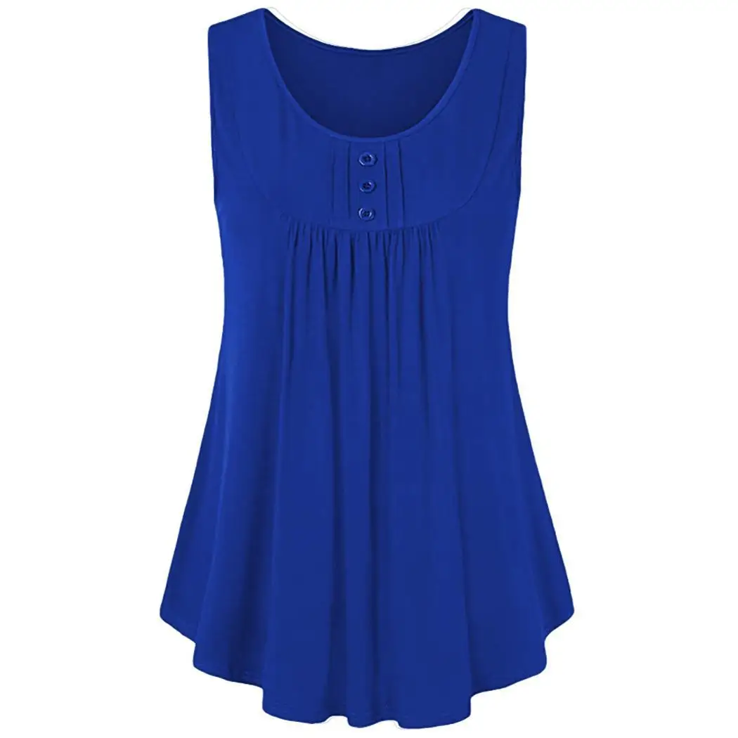 

Women Casual Solid O-Neck Sleeveless Button Loose Pleated Summer Long Above Knee T-Shirts