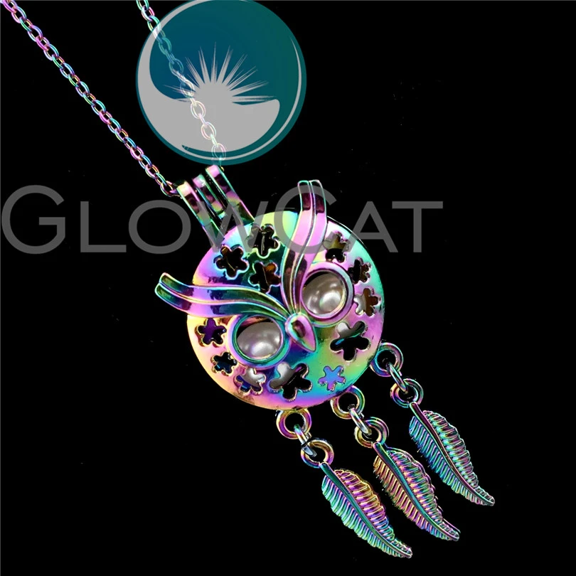 C17 5pcs/lot Rainbow Color Owl Locket Diffuser Pendant Pearl Cage Beads Charms