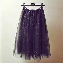 Новая Корейская версия осенне-зимней шикарной сетчатой юбки средней длины со звездами и блестками женские черные длинные юбки с высокой талией