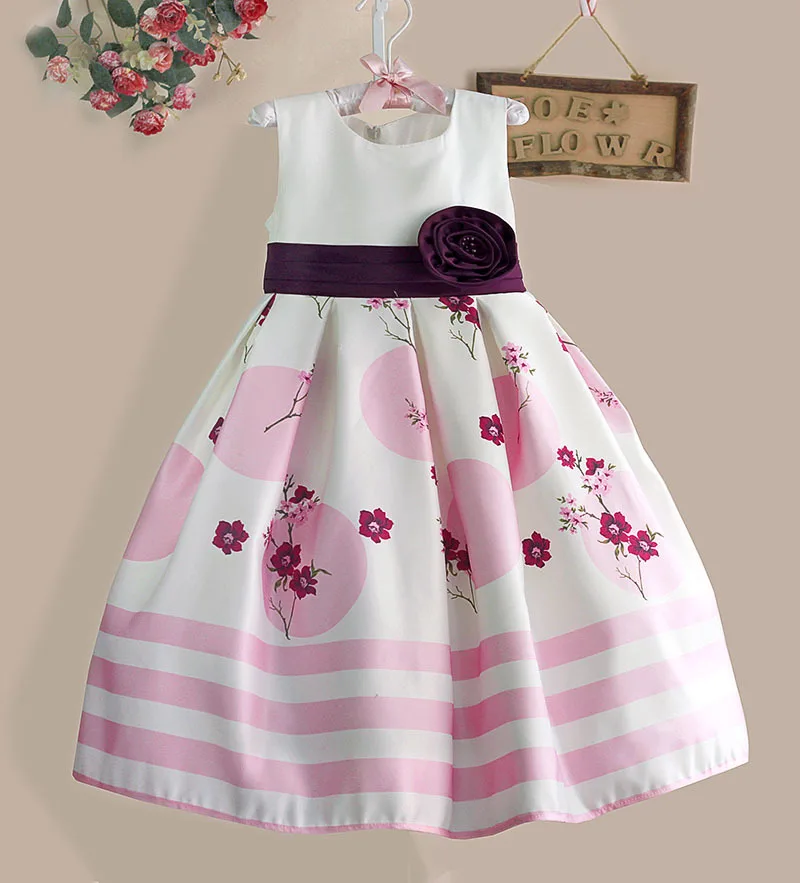 

Top quality White Flower Girls Party Dress Pink Striped Big Bow Kids Dresses Princess Girl Clothes Size 3-8Y