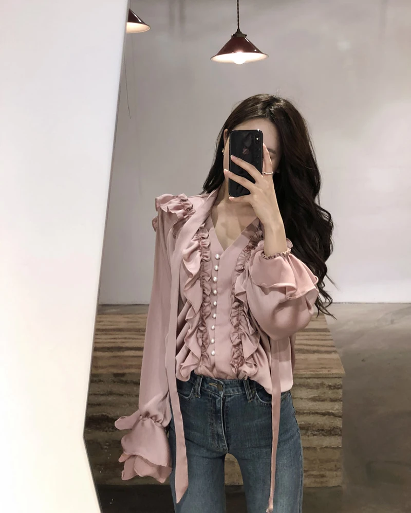 Pecho Solo Verde rosado Trompeta Dulce Loto Temperamento 2018 Más Manga Blusas Limited Nueva Señoras Hoja Hongo Camisa Las cuello Tamaño blanco V De RZ1v61qU