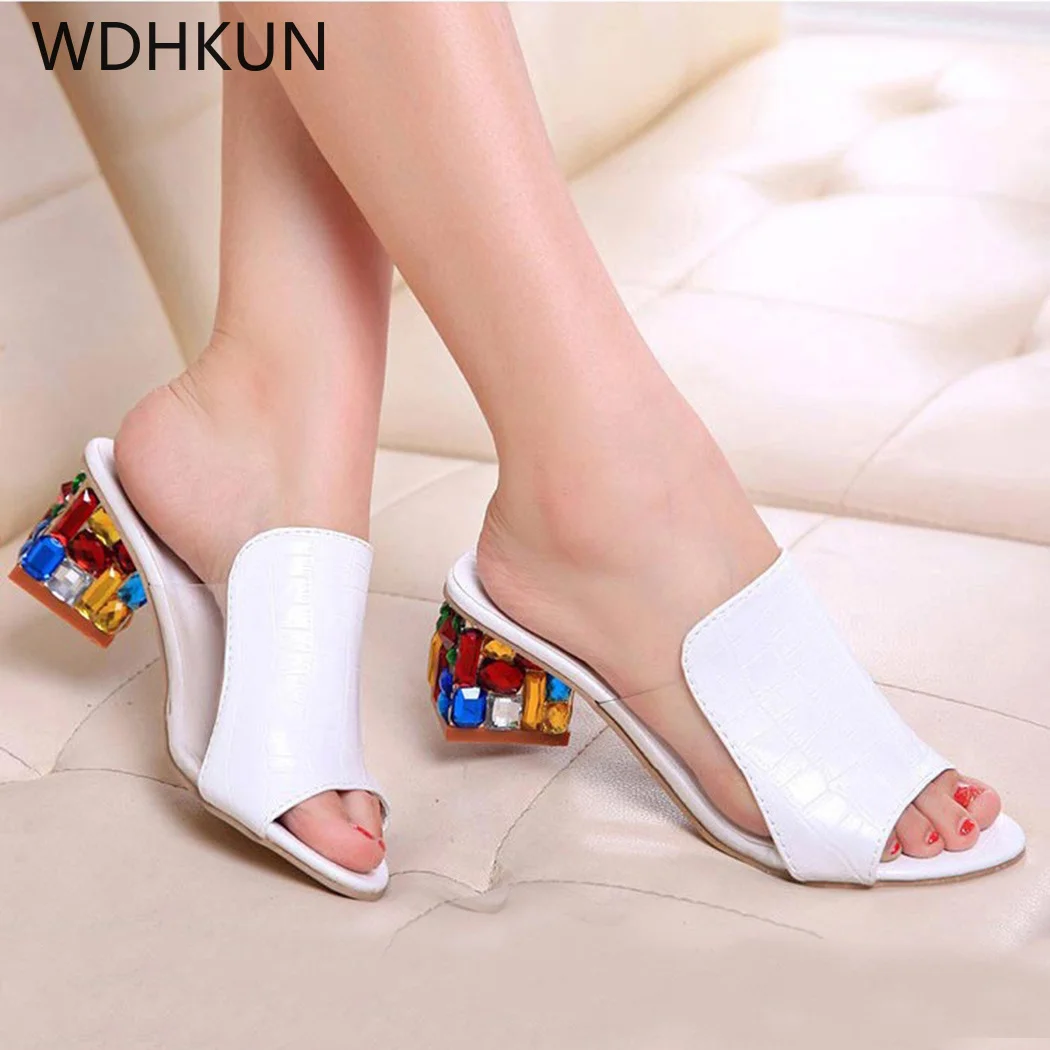 

WDHKUN 2019 brand large sizes 35-41 Colorful Rhinestone crystals Heels peep Toe Summer women's Shoes Woman Sandals slippers