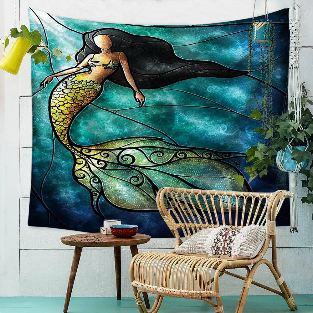 

DeMissir Vintage Green Mermaid Tapestry Wall Hanging Carpet Dropshipping Customize tapisserie