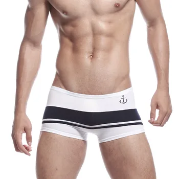 

SEOBEAN men's underwear fashion navy-white stripes boxers cotton low-rise shorts 4 colors