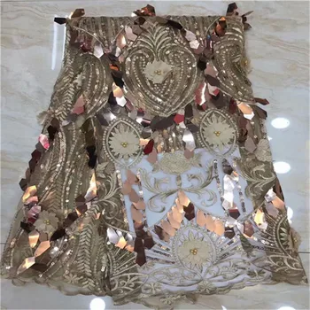

2019 Latest French Nigerian Sequins Beads Net Lace, Gold African Tulle Mesh Sequence Lace Fabric High Quality For Wedding Dress