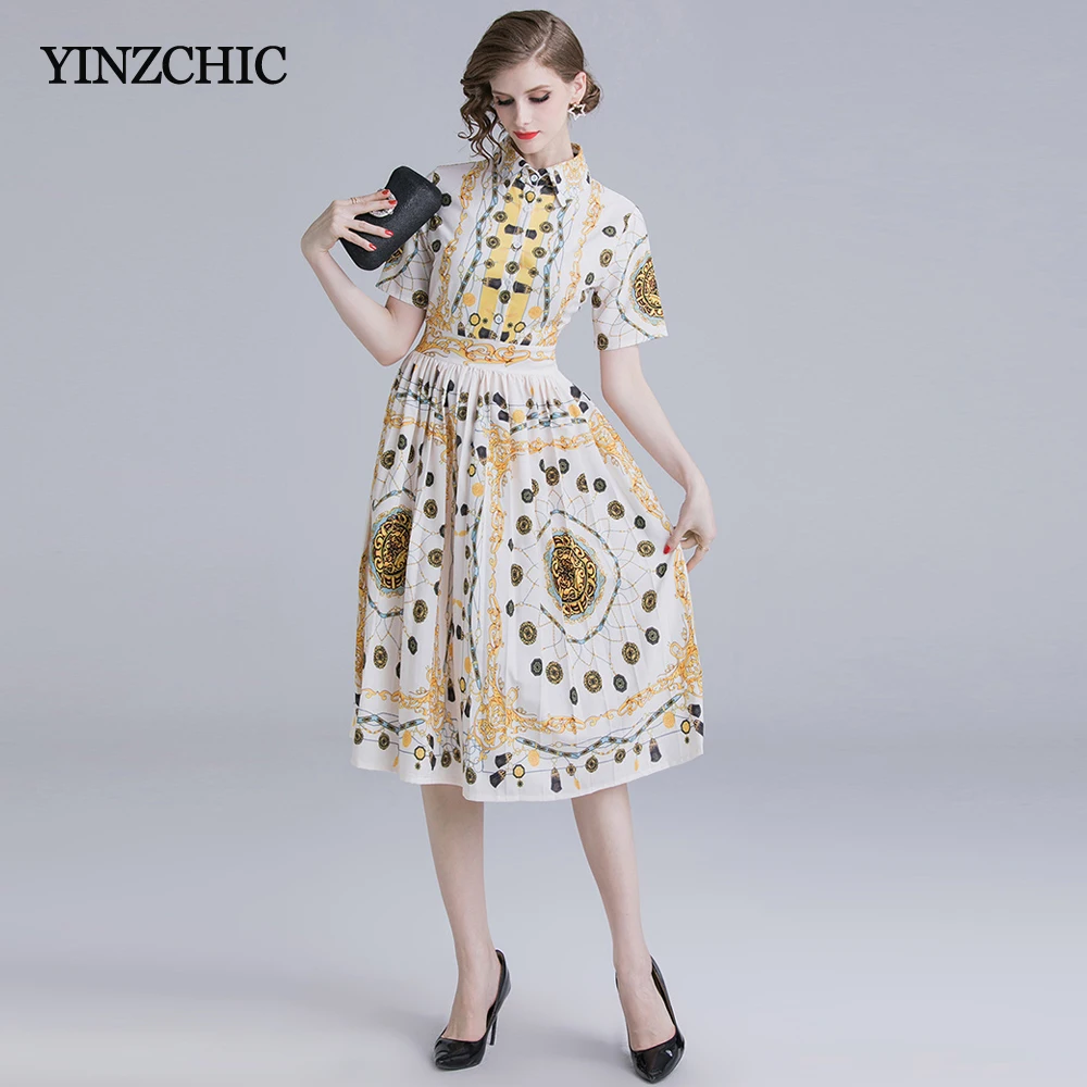 

Elegant Womans Print Dress Turn-down Collar Female Casual Dresses Short Sleeve Woman Print Dress Summer Pleated Dress Woman