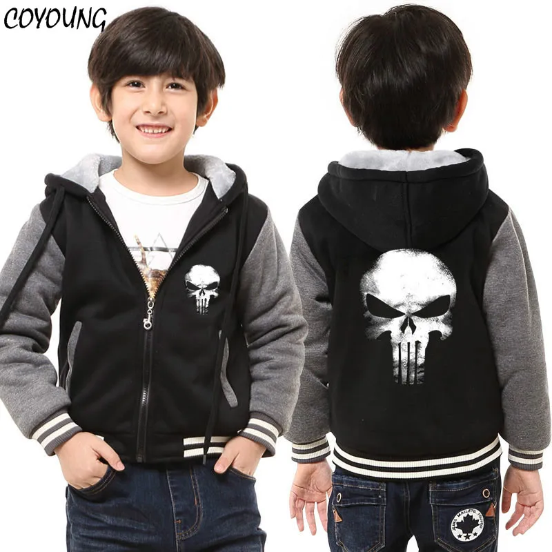 COYOUNG/брендовые Детские утепленные толстовки с черепами серого цвета для мальчиков с капюшоном на молнии, флисовая куртка