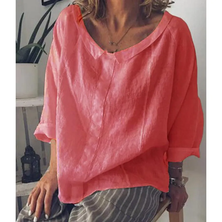 

5 Colors Soild Color Loose Plus Size Tops Solid 2019 Summer Women Casual Turn-Down Collar Cotton Linen Blouse