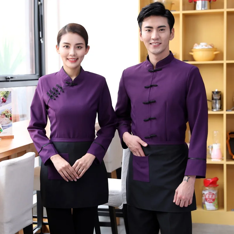 

Hotel Work Clothing Fall/Winter Women Long Sleeve Vintage Uniform Chinese Traditional Restaurant Waiter Shirt+Apron Set Sales