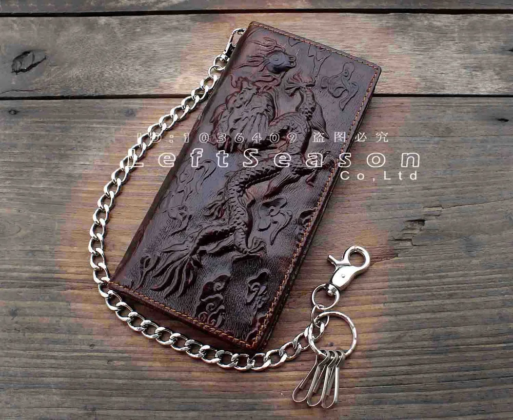 

Vintage Biker Trucker Chain Leather Wallet With Dragon Tatto For Mens Boys