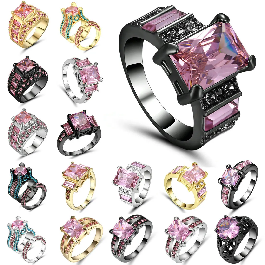 

Female Pink CZ Ring Fashion White & Black Gold Filled Jewelry Promise Engagement Rings For Women Birthday Stone Gift Size 7