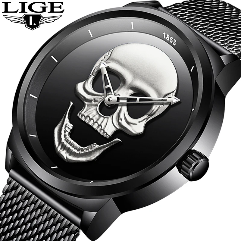 

2019 Mens Watches LIGE Top Brand Luxury Men's Skull Watch Men's Military Waterproof Sports Watch Quartz Clock Relogio Masculino