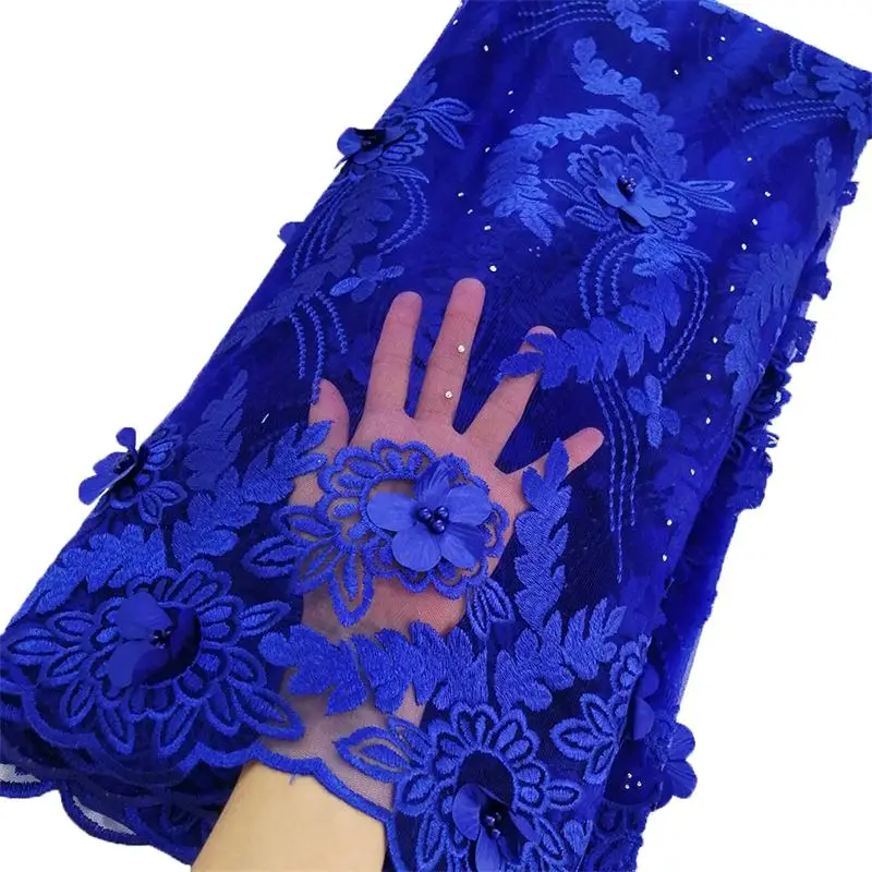 

New High Quality 2019 Tulle Net Beaded French Nigerian Lace Fabrics Pearls Embroidered Guipure African 3d Lace Fabric Royal Blue