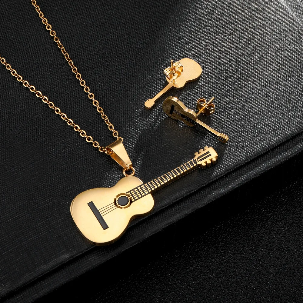 

HIP HOP Stainless Steel Guitar Necklace Stud Earrings Jewelry Sets For Women Men Set Musician Music Lover Ornaments Dropshipping