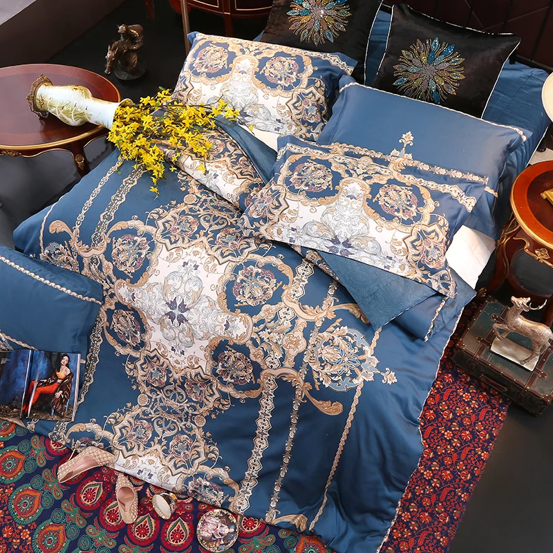 

Luxury boho blue bedding set 60 Egyptian cotton bed set queen king size bed sheet set duvet cover soft bedclothes bedlinens