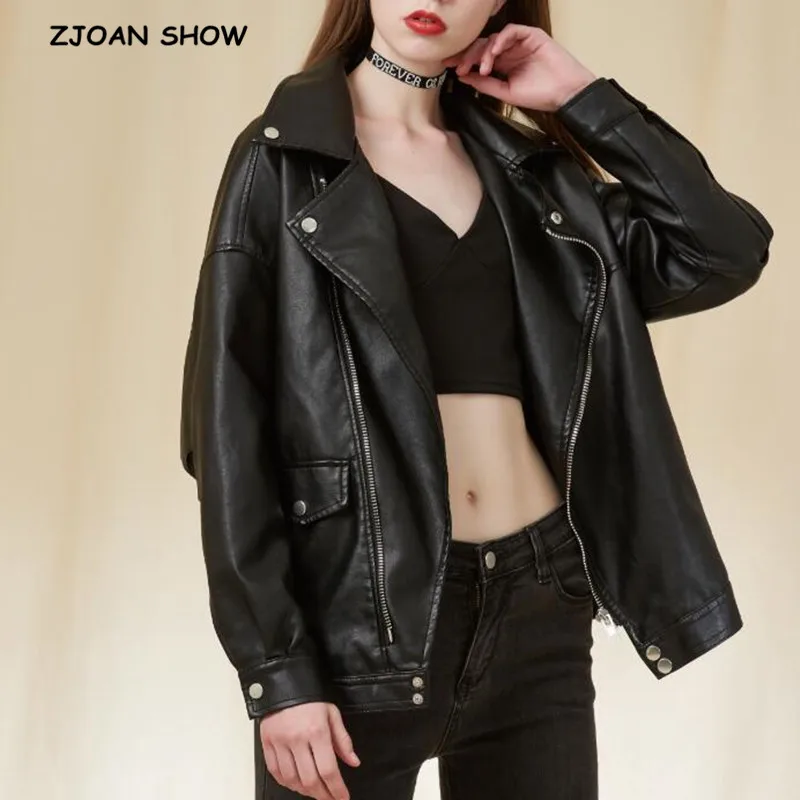 

2019 Autumn Boyfriend style PU Leather Motorbike Jacket Women Vintage Loose Long Sleeve Oversize Leather Coat BF Outwear Black