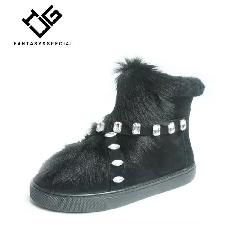 

IGU Flat Shoes Women Boots Rhinestone Fur Snow Boots Women Waterproof Mid Calf Boots Winter Botas For Females Warm Botas Mujer