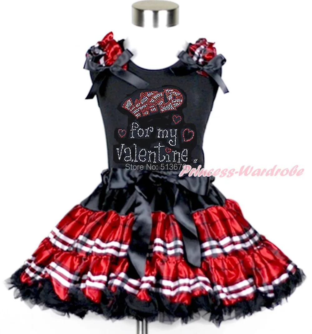 

Rhinestone Wild Valentine Print Girl Black Top Black Red Plaid Pettiskirt 1-8Y MAPSA0181
