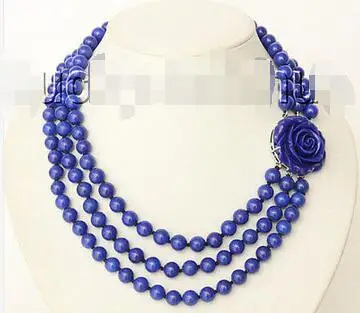 

Free Shipping>> new hot 17" 3row 8mm round lapis lazuli necklace 18KGP j9180