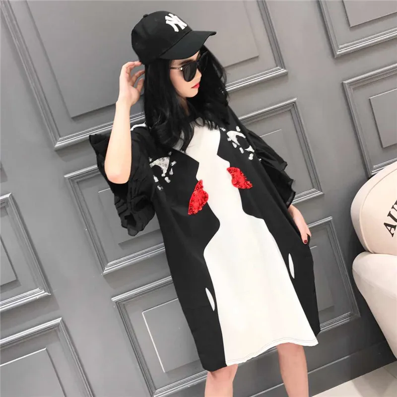 

2019 Women Summer Fashion Shirt Dress Sequined Personality Printed Mini Dress O Neck Casual Dress Streetwear Loose Long Shirts