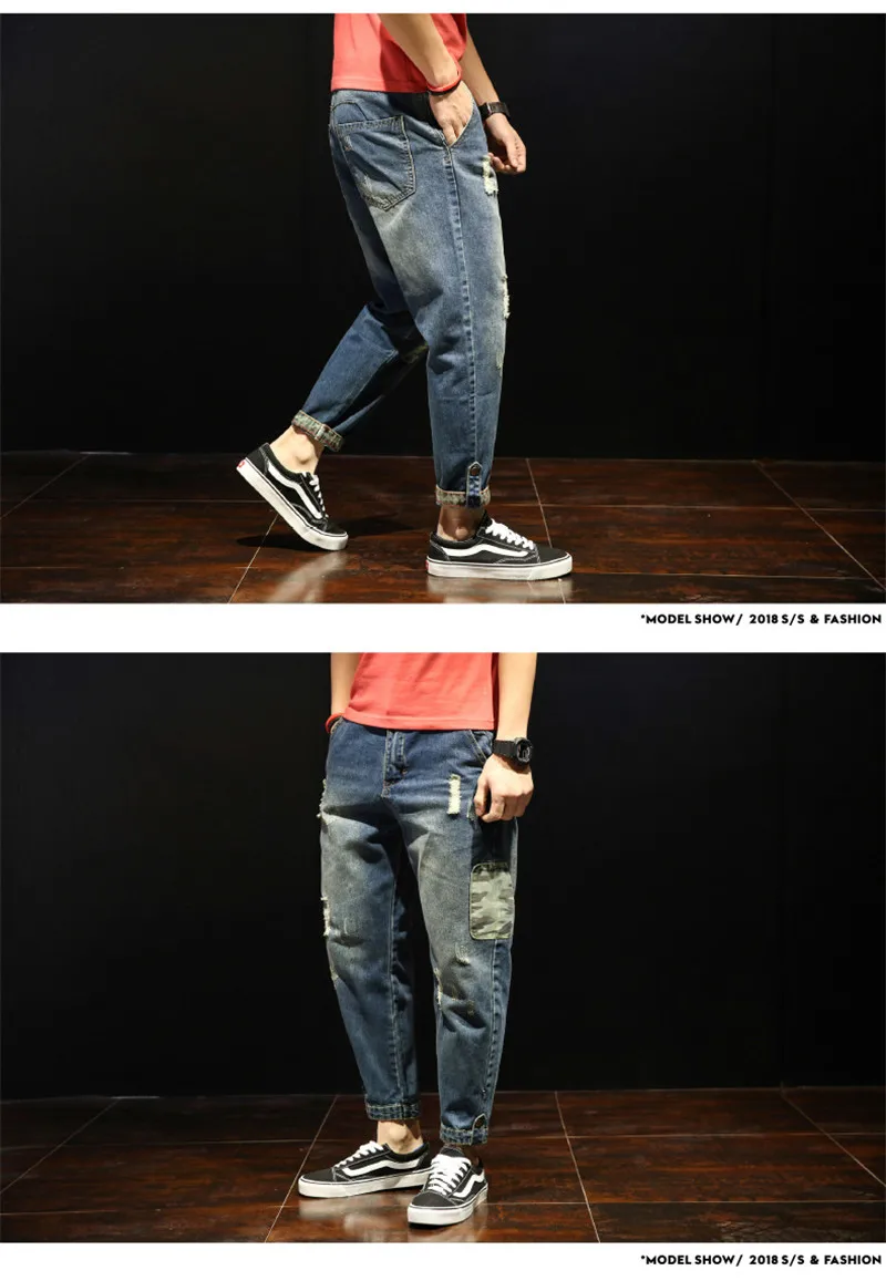 Fashion Patchwork Ripped Men\'s Jeans Boys Loose Casual Holes Ankle-Length Harem Pants Jeans Trousers Large Size (18)
