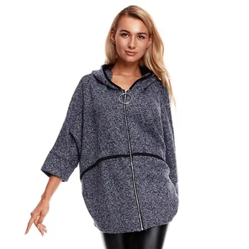 

2019 Autumn Winter Women Wool Blends Coat Oversized Long Sleeve Hooded Coat Solid Casual Zipper Tweed Coat Outwear