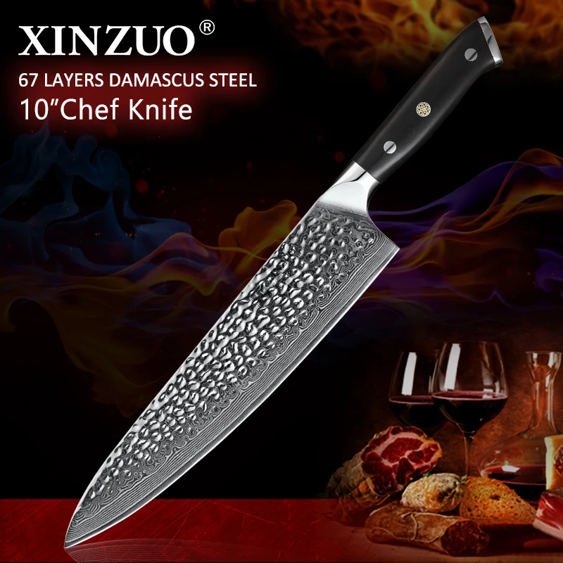 

XINZUO 10'' inch Chef Knife Japanese VG10 Damascus High Carbon Stainless Steel Knife Kitchen Cooking Tools with Ebony Handle