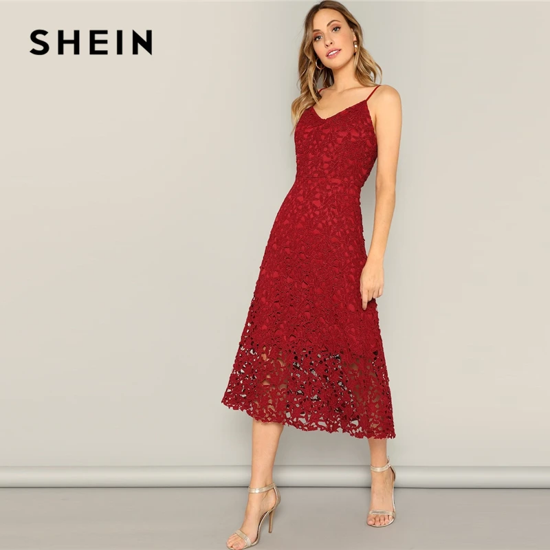 

SHEIN Glamorous Burgundy Lace Overlay Cami Long Summer Dress Women Casual 2019 Summer Morden Lady Sleeveless Streetwear Dresses