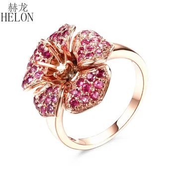 

HELON Solid 14K Rose Gold 6mm Round Cut Semi Mount 1.3ct Genuine Rubies Gemstone Ring Antique Fine Engagement Wedding Ring