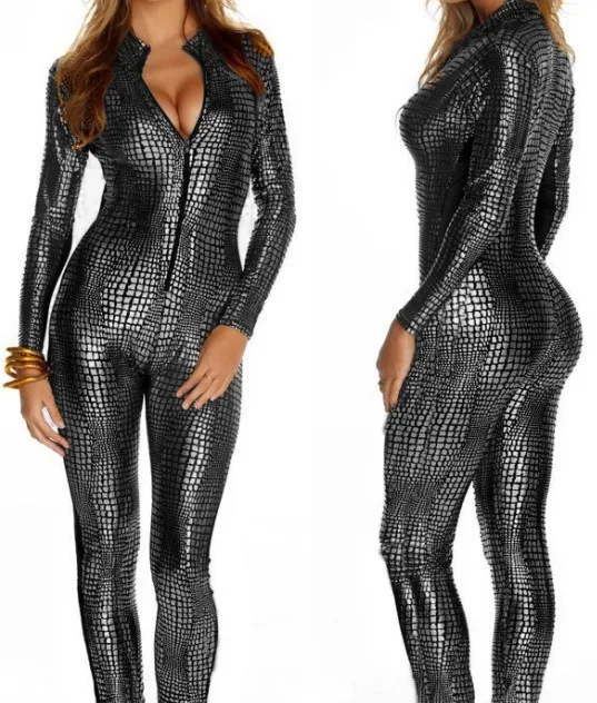 Women Sexy Metal Snake Skin Faux Leather Zipper Front Bandage Jumpsuit Bodysuit Latex Catsuit Overall Catwoman Nightclub Costume