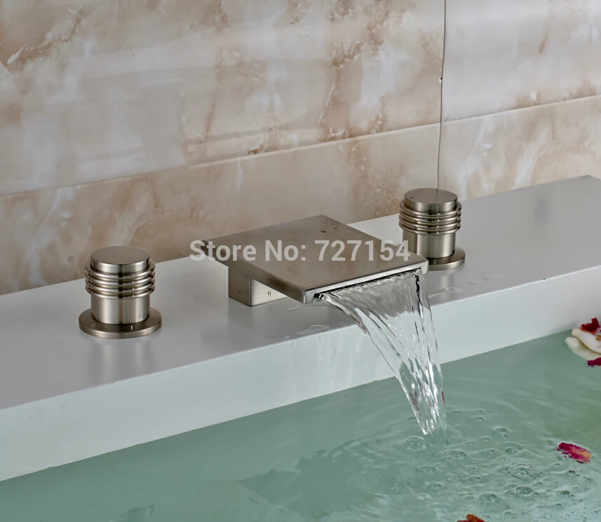 

Deck Mounted Basin Faucet Waterfall Sink Mixer Dual Handle Nickel Brushed Finish