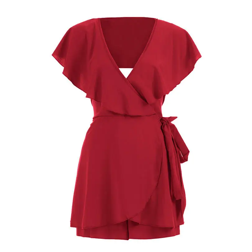 Plus Size New Women Summer Fashion Casual Daily Sexy Halter V-neck Lady Elegant Ruffled Lace Slim Jumpsuit #4A19  (14)