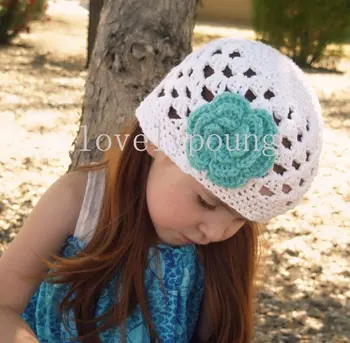 

Hotsell girls white crochet hat with blue flower milk cotton hat
