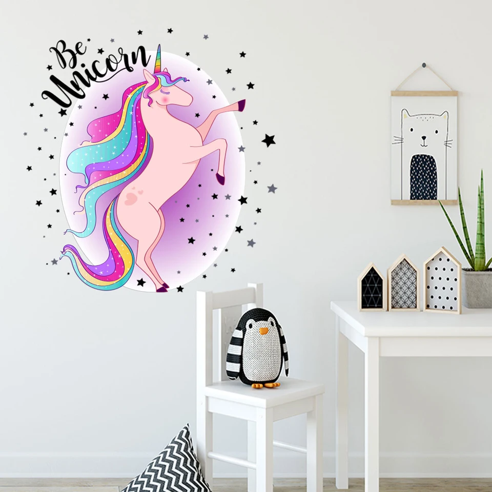 Милый Единорог, фламинго, наклейка на стену для детской комнаты, домашний декор, животное, наклейка, обои для девочек, украшение комнаты, стена