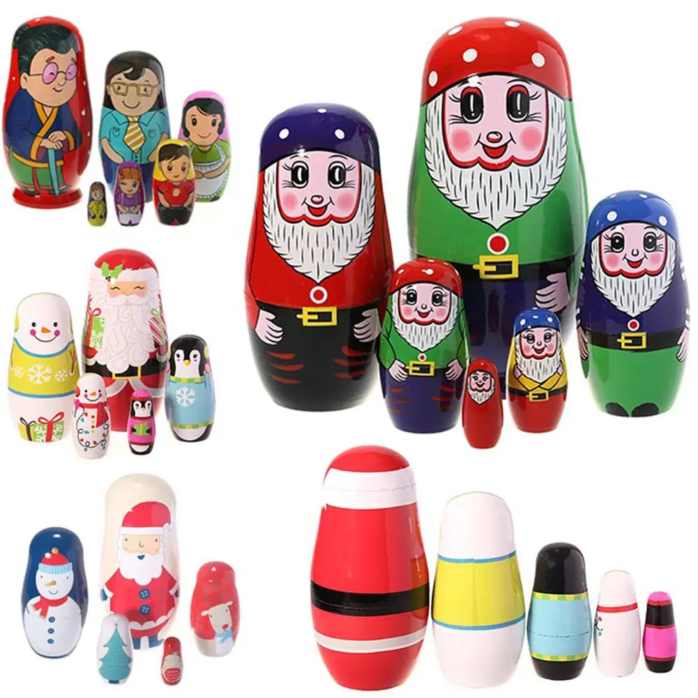 

5 Pcs Wood Dolls Set Russian Nesting Christmas Santa Claus Matryoshka Hand Paint Dolls M09