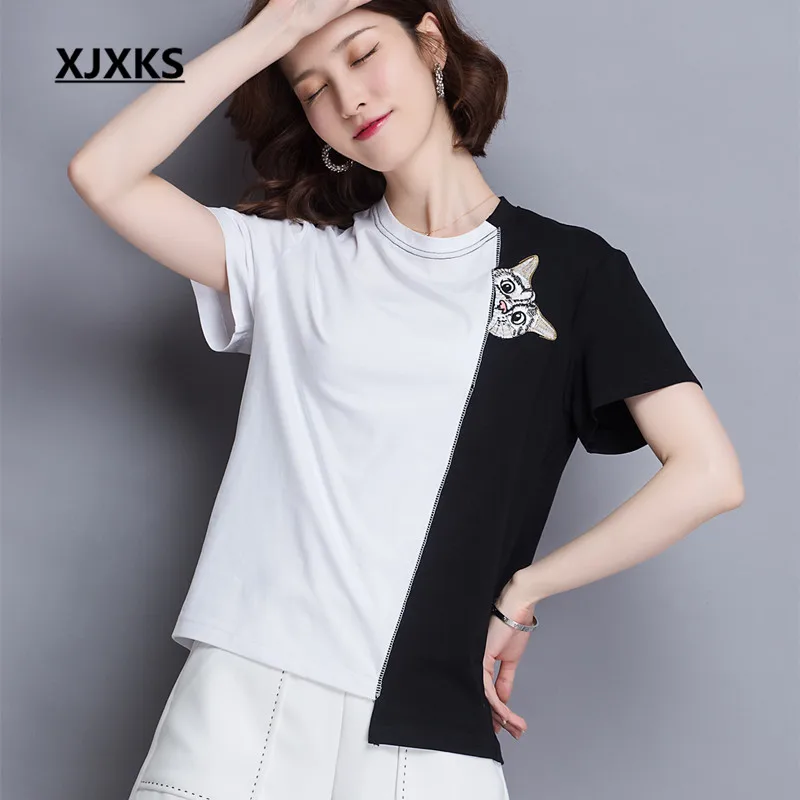 

XJXKS 2019 summer new fashion stitching women's T-shirt 100% cotton comfortable round neck T-shirt women's short-sleeved shirt