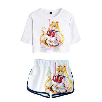 

Sailor moon Printed Women two piece set New Sailor moon design Oversize Navel short sleeve and Short Pants O-neck Summer Set