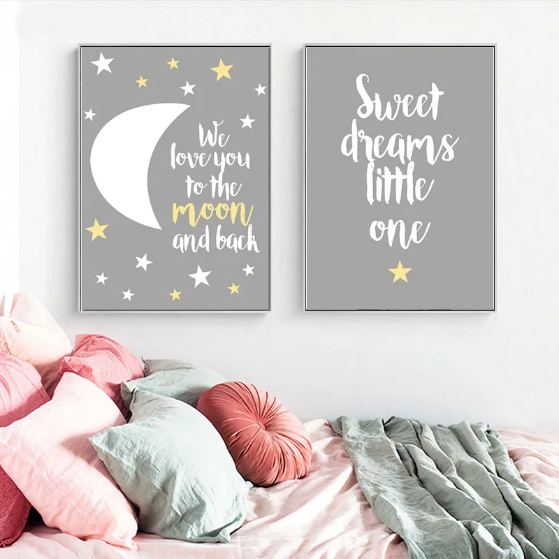 Starry Moon Cartoon Canvas Print Nursery Art Quote Poster Nordic Kids Room Decor
