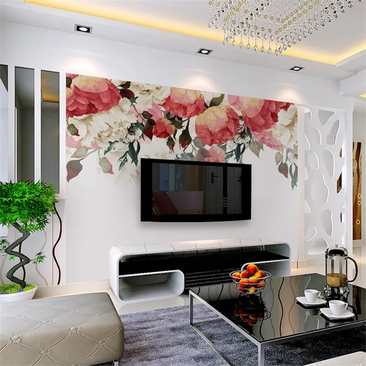 

North European pastoral flower TV sofa background wall paper film and television wall painting American living room bedroom wall