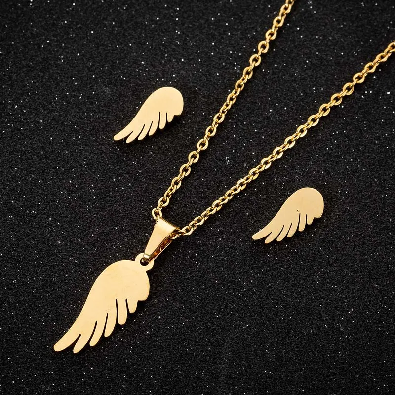 

Jisensp 2019 New Arrival Feather Wings Stainless Steel Jewelry Sets Lucky Angel Wings Charm Necklace Earrings for Women Gift
