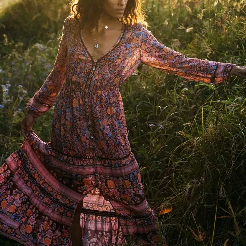 

BOHO INSPIRED Spring Summer 2019 Maxi Dress V-neck bell sleeves buttons front elastic waist women dress chic long vestidos