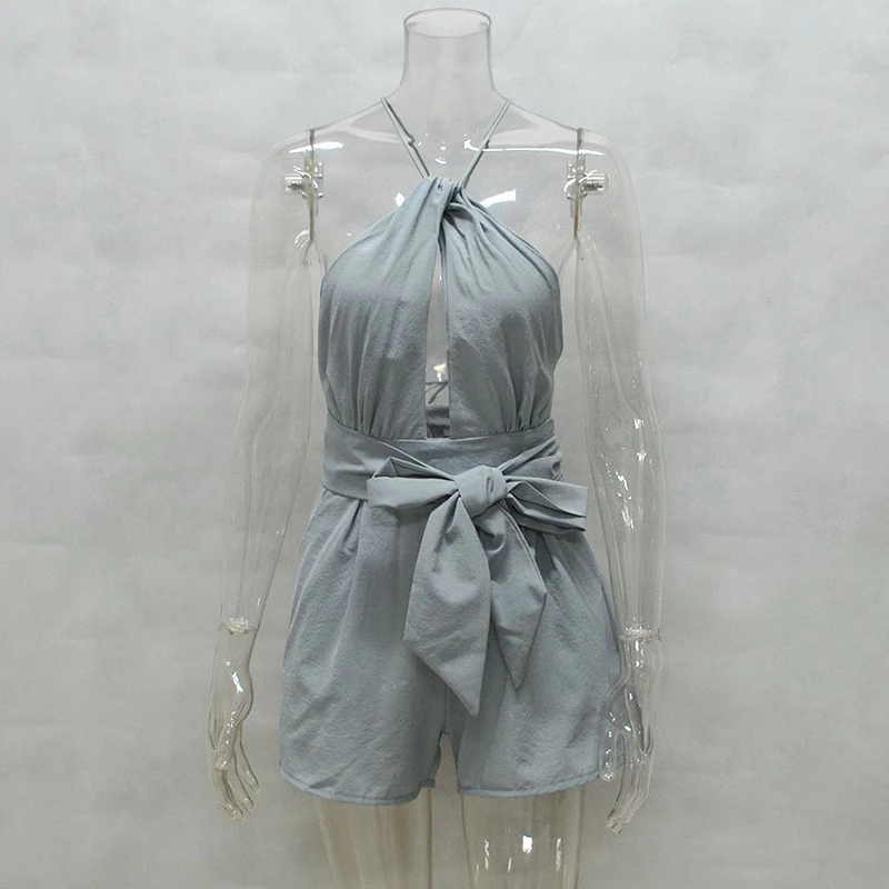 Casual Boho Beach Women Summer Playsuit With Sash Tie Camis Halter Sleeveless Backless Sexy Short Rompers Jumpsuit (7)