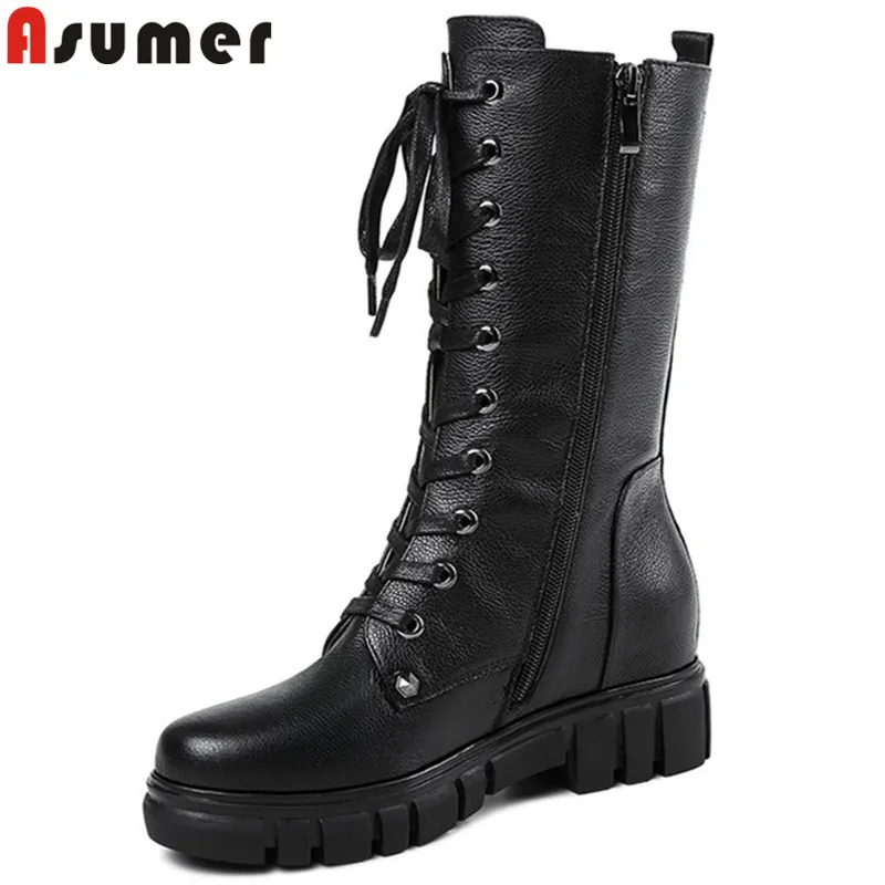 ASUMER black fashion 2018 new autumn winter boots round toe zip mid calf boots cross tied ladies genuine leather boots big size ASUMER black fashion 2018 new autumn winter boots round toe zip mid calf boots cross tied ladies genuine leather boots big size