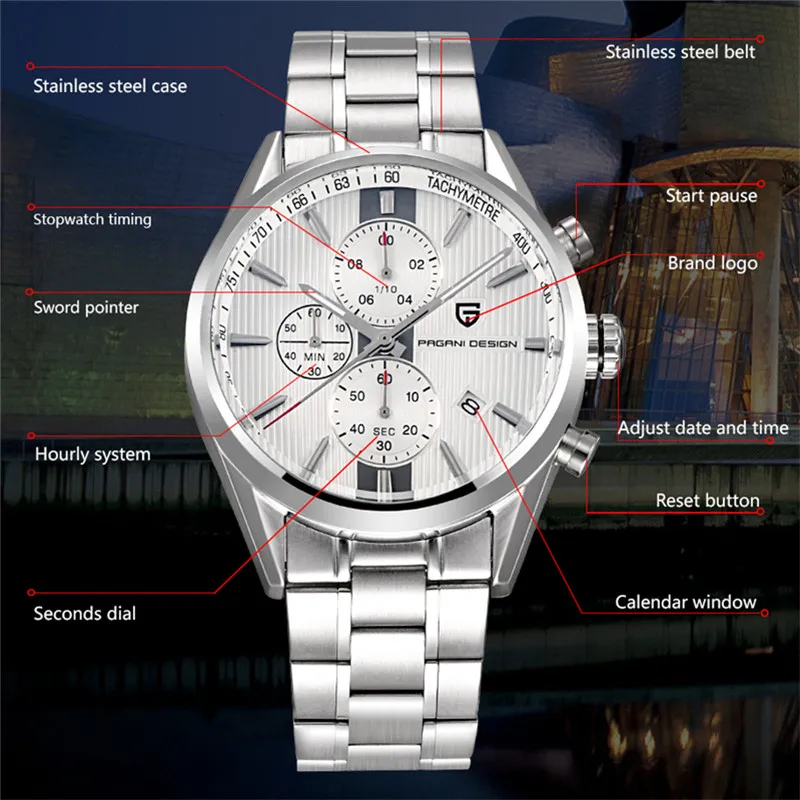Мужские часы Pagani Дизайн Элитный бренд хронограф Бизнес Часы Для мужчин Водонепроницаемый 30 м японский двигаться Для мужчин t кварцевые часы Для мужчин Reloj Hombre