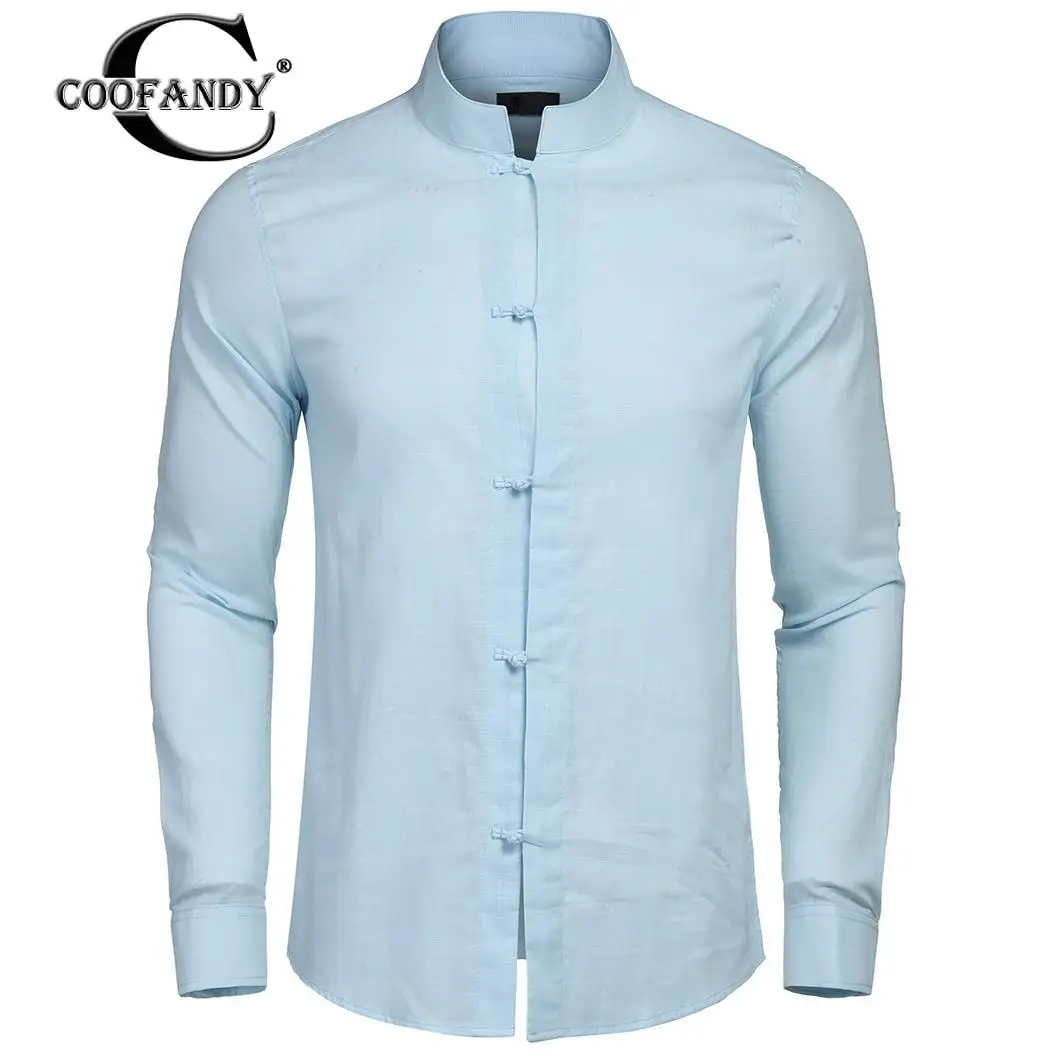 Shirt Black Stand Casual Blue Solid Buttons Collar Sleeve Long Frog Fashion Chinese Up Autumn White Business Spring Men